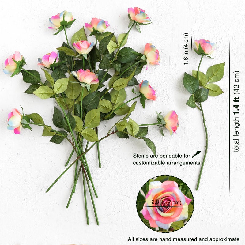 FiveSeasonStuff Rainbow Artificial Roses â€“ 12 Faux Silk Stems with Realâ€‘Touch Feel â€“ Giftâ€‘Ready Box + Jute Ribbon â€“ Bendable Wire Stems for Wedding Bouquets, Home DÃ©cor, Centerpieces & DIY Arrangements - Image 4